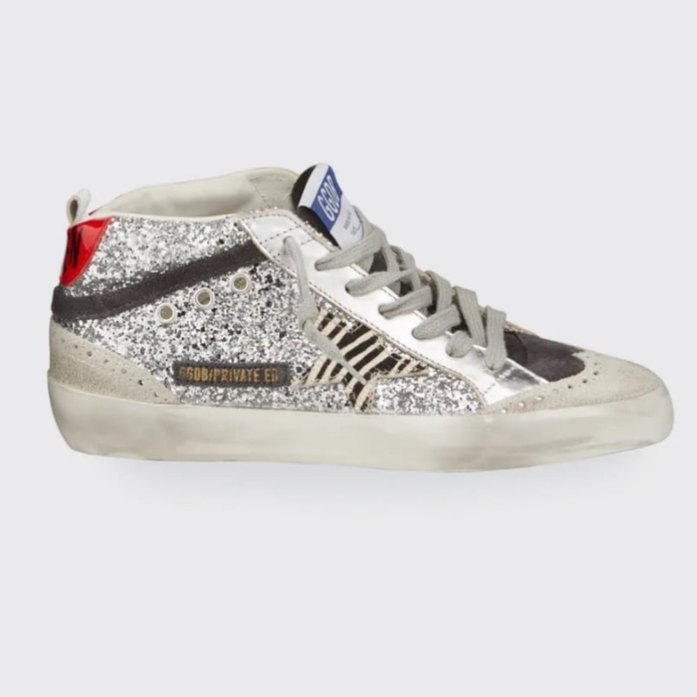authentic golden goose midstar sneakers silver glitter and zebra star size 35